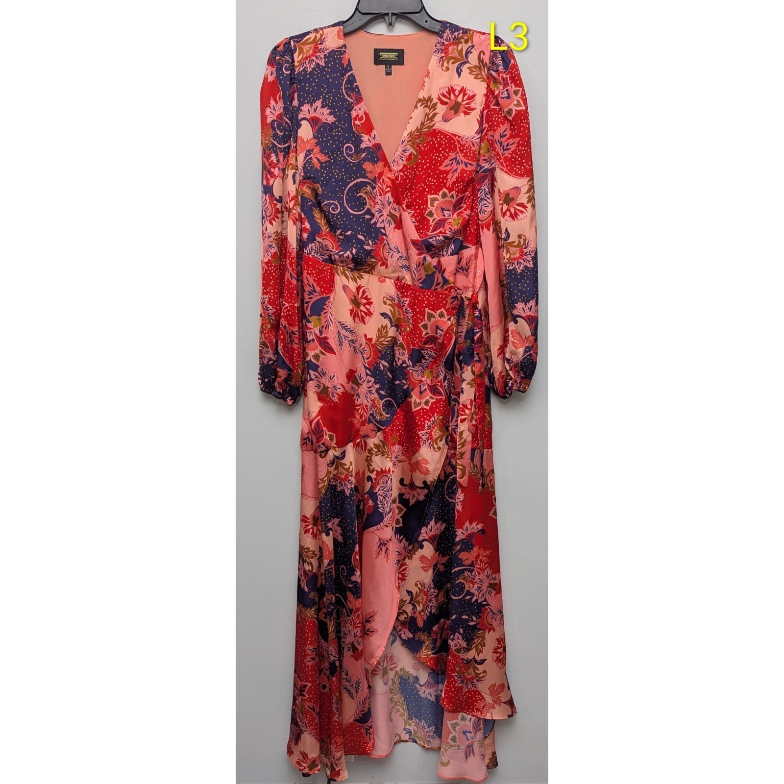 L3 Alexia Admor Tala Wrap Maxi Dress Size 4 Colorful Asymmetrical Flowy Ruffles